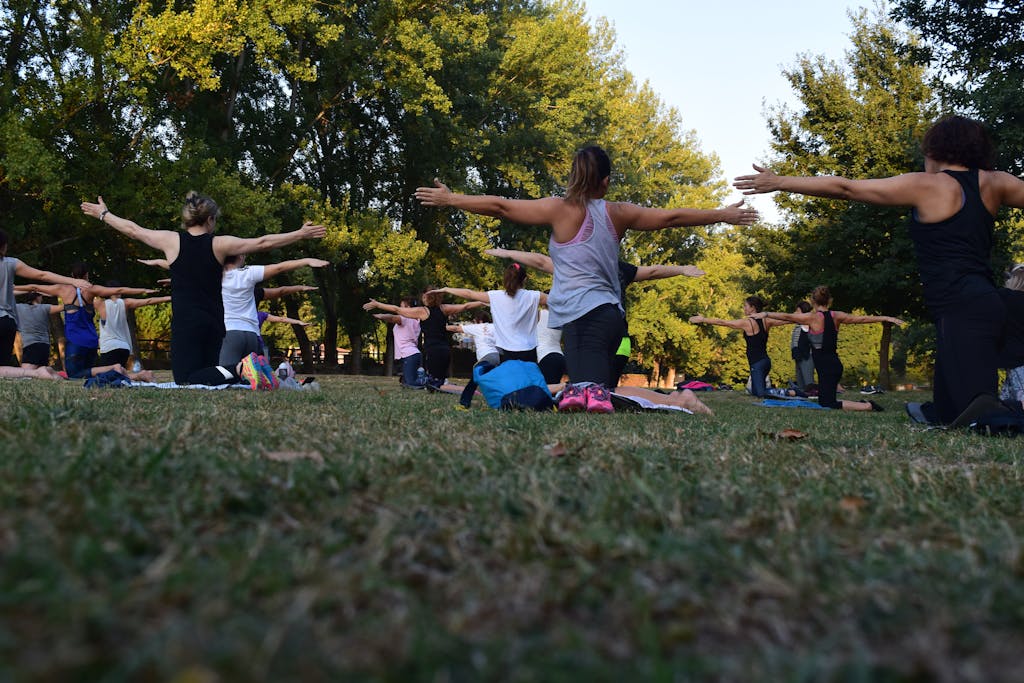 Groupe d'adulte qui font du yoga dehors